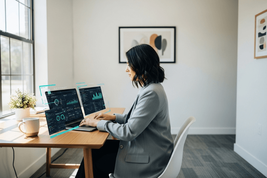 Business owner using SEO content automation tools in Lorton VA office