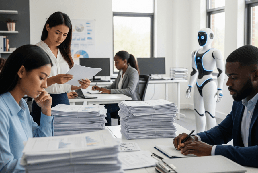 AI automation robot observing office workers buried in paperwork – representing how AI Automation reduces manual tasks and boosts efficiency in Lorton VA workplaces.