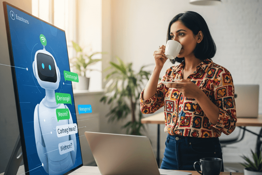 A happy business owner looking at the Chatbot AI Technology in Lorton VA in action