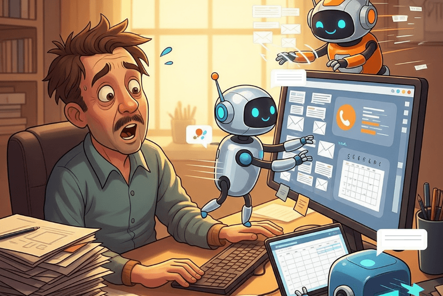 Overwhelmed small business owner in Lorton VA surprised as AI Agents manage his emails, schedule, and calls on computer screens.