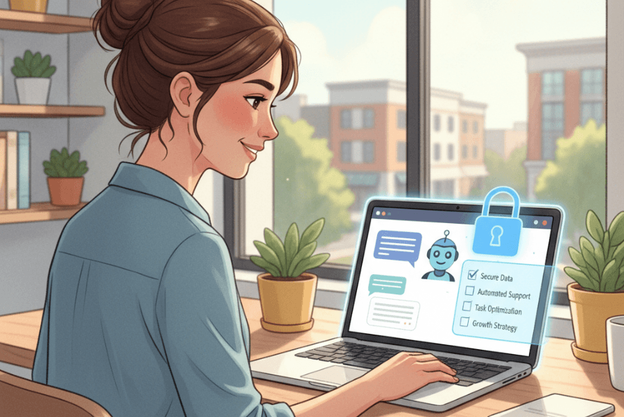 Hero image showing Lorton VA business owner using AI chatbot with chatbot data privacy compliance