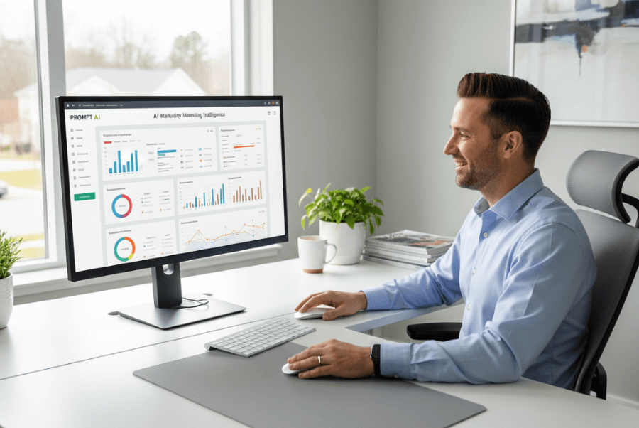Lorton VA business owner using AI marketing tools on computer at local office